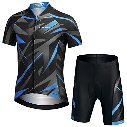 Amur Leopard Kinder Radtrikot Set Jungen Fahrradbekleidung Mädchen Schnell Trocknend Kurzarmtrikot Atmungsaktiv Anzug, Blau+Schwarz+Grau, 160