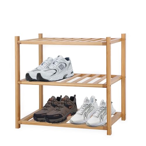 Akloya Small Shoe Rack, Multipurpose 3 Tier Shoe Organizers Rack,Small Bamboo Shelfs for Shoes Plants, Books, Living Room