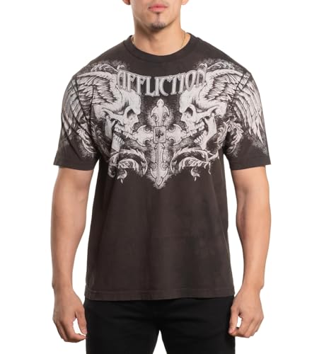 Affliction Men's T-Shirt, Vintage Gothic Cross Vault Design, Short