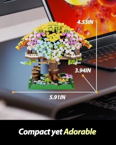 Image of SKY LINE OCEAN Colorful Cherry Blossom Tree Building Set with LED Lights (Complex only for 14+) | Sakura Bonsai Tree House Mini Blocks Kit with Flowers, Decorative Construction Model for Home Display