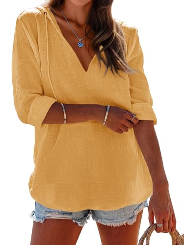Ebifin Women's Beach Cover Up hoodies sweatshirt Long Sleeve V Neck Pocketed Hooded Shirt Top Yellow2