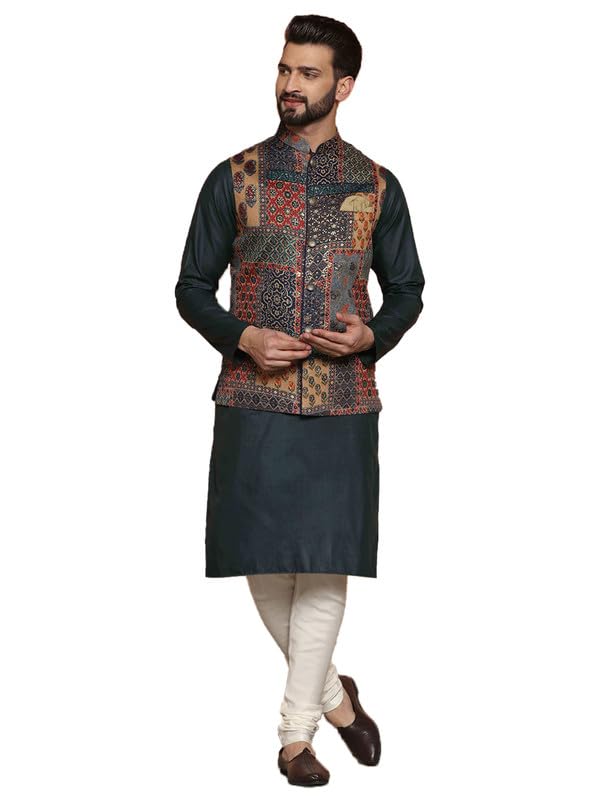 Image of KISAH Men's Ethnic Wear Regular Fit Cotton Blend Printed Kurta Churidar and Jacket Set