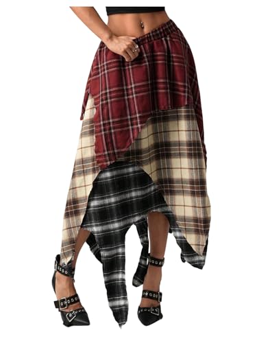 OYOANGLE Women's Plaid Asymmetrical Skirts Y2K Color Block Low Waist