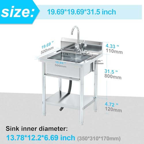 Image of Utility Sink Freestanding Single Bowl Laundry Sink with Hot and Cold Water Plumbing Stainless Steel Sink for Kitchen and Bathroom Farmhouse Style