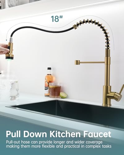 Image of GIMILI Gold LED Kitchen Faucet with Soap Dispenser, Modern Single Handle Spring Kitchen Sink Faucets with Pull Down Sprayer