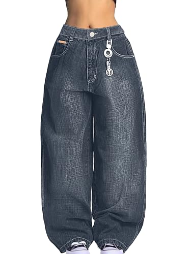 Image of EMMIOL Women Hip Hop 90s Vintage Baggy Jeans Denim Pants Mid Waist Jeans