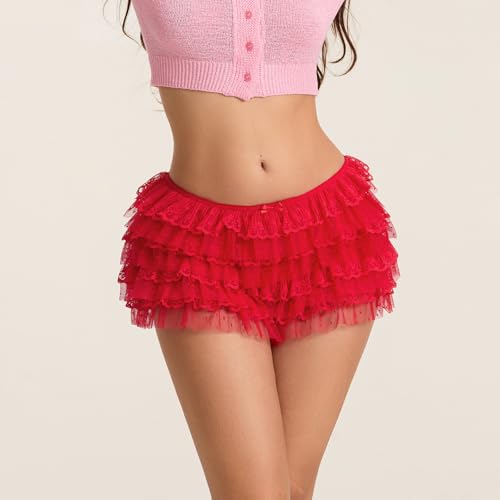 Image of NUFIWI Women Lolita Bloomers Ruffle Shorts Lace Cute Pumpkin Pants Sexy Boyshorts Layered Y2k Mini Shorts Pettipants