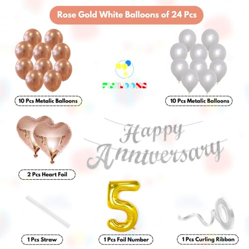 Image of Flyloons 5th Happy Anniversary Decoration Items Rose Gold White for Men Women Husband Wife Mom Dad Parent Couple Home Bedroom Car With 20 Pcs Metallic Balloons Anniversary Banner 2 Pcs Heart Set Kit