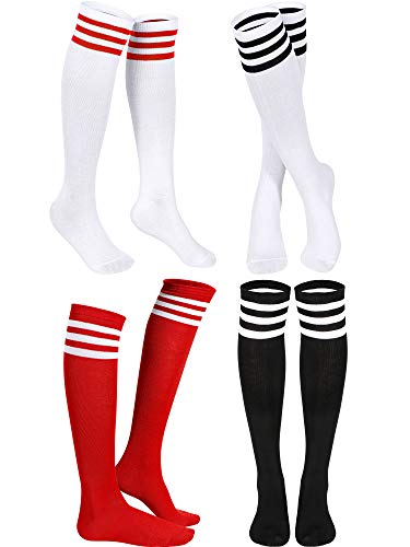 SATINIOR Triple Stripes Knee High Socks Unisex Cotton Three Knee High Tube Socks (White in Red/Black Stripe, Red in White Stripe, Black in White Stripe, 4)
