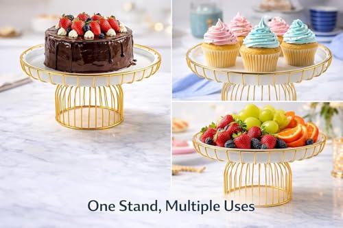 Image of Cake Stand with Gold Wire Base, White Metal Top, Round Pedestal for Dessert Display Premium Metal Cake Stand with White Tray & Gold Finish Base | Elegant Dessert Stand for Cakes, Pastries & Fruits | Decorative Serving Platter for Home, Parties & Gifting