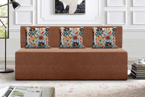 Image of Los Angeles Foldable Three Seater Sofa Cum Bed, Sofa Bed 5 X 6 Feet Jute Fabric Washable Cover- Including Cushion Perfect for Living Room - Brown