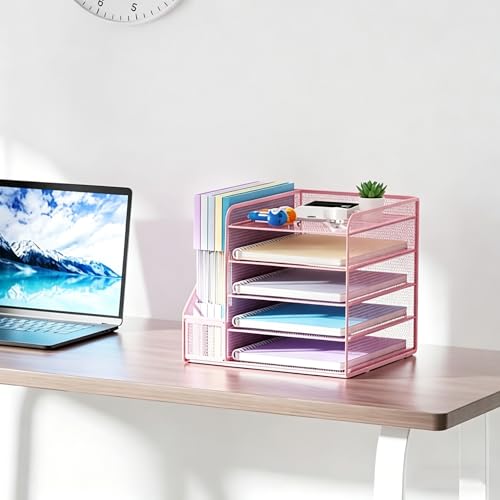 Marbrasse Schreibtisch Organizer und Büro Zubehör,5-Tier Briefablage,Mesh Büro Organizer für Schreibtischzubehör & Ablage(Rosa)