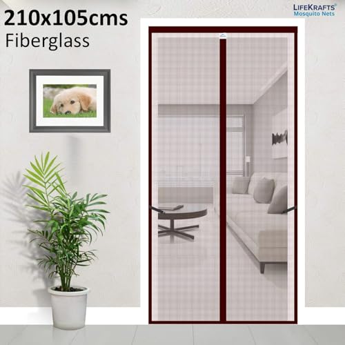 Image of LifeKrafts Mosquito Net Curtain for Door | Magnetic Closure, 120 GSM Fiberglass Material, Brown (210x105 cm)