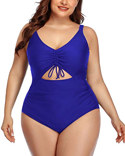 Daci Women Blue Plus Size One Piece Swimsuits Cutout V Neck High Waisted Bathing Suits Monokini 18W