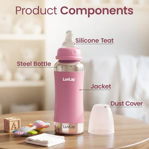 Image of LuvLap Baby Steel Feeding Bottle 240ml, Made of SS304 Rust Free Steel, Baby Milk /Water Bottle with Dust Cover, Heat Protective Silicone Cover, BPA Free, Odour Free, Leak Proof, Pink, 0M+