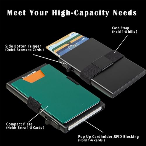 Image of Minimalist Mens Card Holder Wallet, RFID Blocking Slim Smart Pop Up Aluminum Wallet,Holds 12+ Cards,Expandable Compact Plate,Cash Strap /Money Clip (Forest Green)