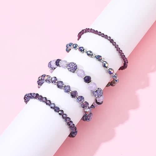 5Pcs Beaded Bracelets for Women, Bohemian Glass Faceted Crystal Beads Bracelet, Stackable Boho Disco Ball Stretch Bracelets, Multilayered Purple Jewelry Gift for Women, Mother's Day4