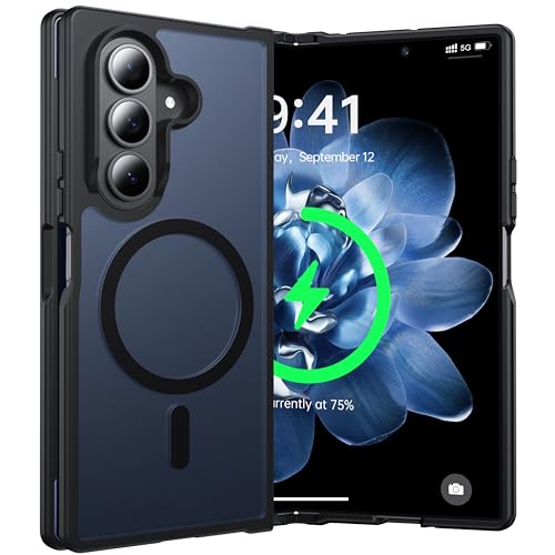 FNDMIL [NO.1 Magnetisch für Samsung Galaxy Z Fold 7 Hülle mit Mag-Safe[Translucent Matt][Anti-Fingerabdruck][Militär Stoßfest] Hardcase mit Weich Silikon Handyhülle für Fold 7 Case Dünn 8.0 Schwarz
