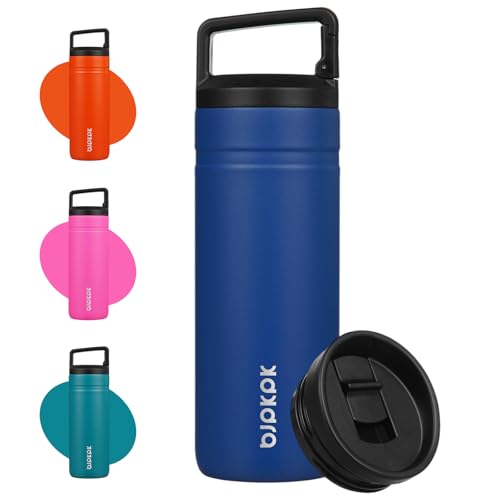 Image of BJPKPK 20 oz Insulated Travel Water Bottle, Coffee Tumbler Stainless Steel | Double Wall Vacuum, Leakproof, Thermal, Keeps Hot /Cold, Dishwasher Safe, Spill Proof, Wide Mouth, 2 Lids, Sapphire Blue