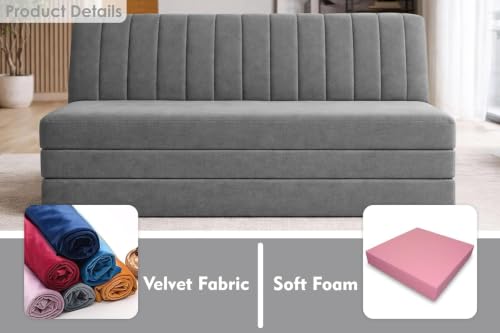 Image of Three-Seater Convertible Floor Sofa Bed with Modern Velvet Fabric Folding Couch for Living Room, Guest Room & Small Spaces - Grey Color