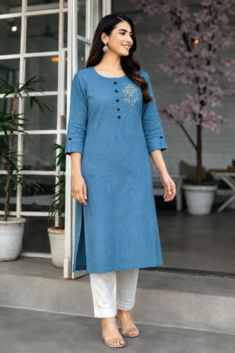 Image of Women's Embellished Khadi Cotton Kurti | Ethnic Straight Kurta Top | Breathable Casual Regular Fit