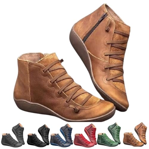 Women's Vintage Casual Short Ankle Boots,Ankle Boots for Women 2025 Arch Support Fashion No Heel Lace Up Side Zipper Retro Leather Booties Comfortable Slip On Flat Shoes Fall Spring Autumn Winter