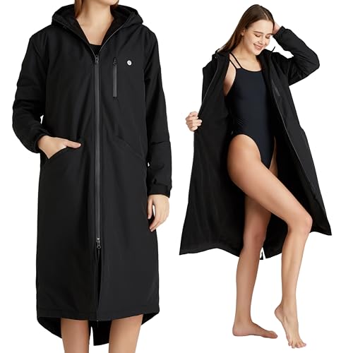 Onvous Swim Parka Women | Swim Coats for Women | Swimming Parka Swim Jacket (US, Alpha, XX-Large, Regular, Regular, Black)