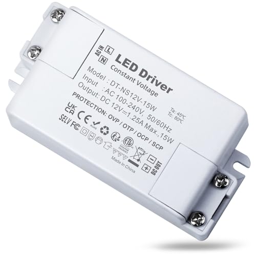 REYLAX 12V LED Driver 15W 1.25A, Power Supply Unit, 240V AC to 12V DC Transformer, Constant Voltage Driver Adapter, Low Voltage Transformers for DIY Light Strips, LED Bulbs and Ring Doorbell