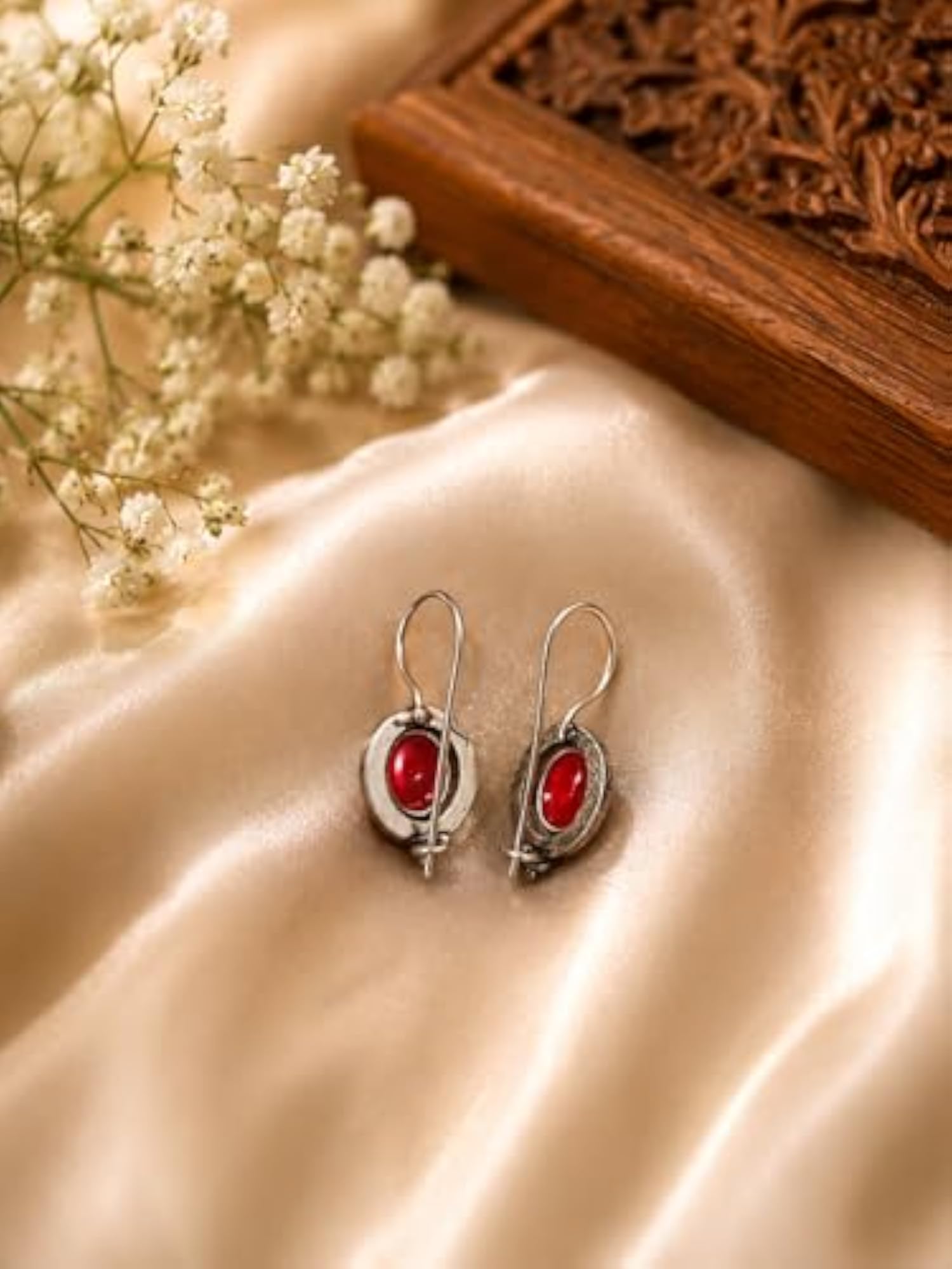 Oxidised Silver Look Red Stone Drop Earrings, Vintage Boho Design