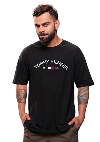 Image of Tommy hilfig t Shirt Black Printed Oversized Terry Cotton T-Shirt for Boys & Men | Stylish Streetwear Half Sleeve Tee