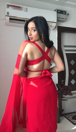 Image of StyleScope Women's Plain Georgette Ready To Wear One Minute Saree With Unstitched Blouse Piece (Kalki)