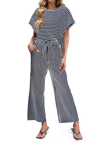 Image of Tankaneo Womens Striped 2 Piece Sets Short Sleeve T Shirts Wide Leg Pants Matching Lounge Set with Pockets