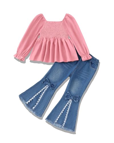 Image of XUANHAO Toddler Girls Clothes Puff Sleeve Smocked Shirt Flare Jeans Pant Outfits for Girl Bell Bottom Kids Girls Clothing Set