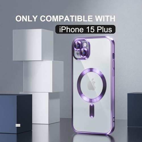 Image of Misea Magnetic for iPhone 15 Plus Case Compatible with MagSafe | [Never Yellowing] [Military Drop Protection] Full Camera Lens Protector Plating Soft Clear Phone Case for Women, Deep Purple