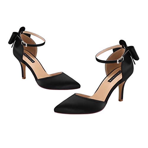 Image of ERIJUNOR Wedding Evening Party Shoes Comfortable Mid Heels Pumps with Bow Knot Ankle Strap Wide Width Satin Shoes