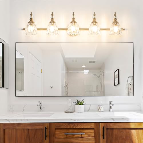 Image of Brushed Antigue Brass Bathroom Light Fixtures, 5 Lights Vanity Light with Flower Glass Shade, Bathroom Vanity Light Over Mirror, Vintage Sconces Wall Lighting for Hallway Livingroom Bedroom