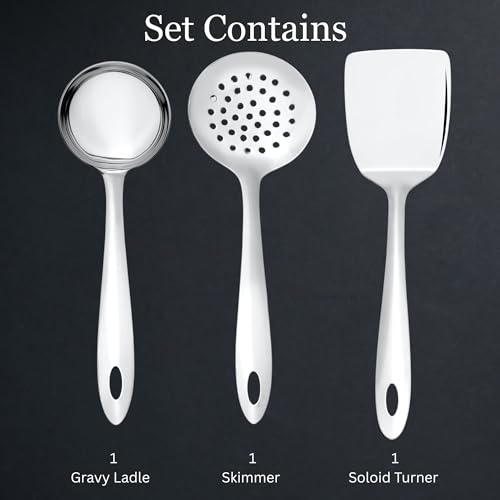 Image of Montavo by FnS 3 Pieces Stainless Steel Serving Tools Set, Gravy Ladle, Solid Turner & Skimmer Turner, Mirror Finish Food Grade Kitchen Serving Utensils for Home, Cooking & Dining