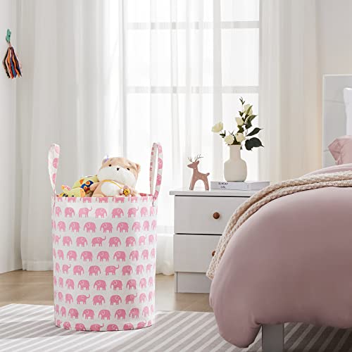 Image of Baby Laundry Basket Nursery Hamper with Long Handles, Pink Elephant
