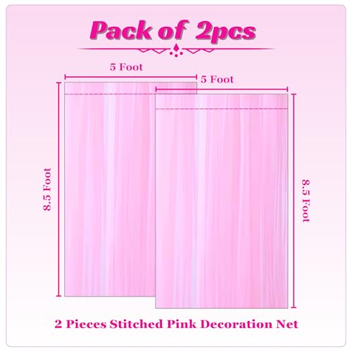 Image of 1iAM 2pcs Pink Decoration Net Curtains - Large Size, Stitched with Ribbon, Nylon Made, Reusable, Soft, Wrinkled Free, 8.5x5ft Each, Backdrop Net for Birthday, Anniversary Party Decoration