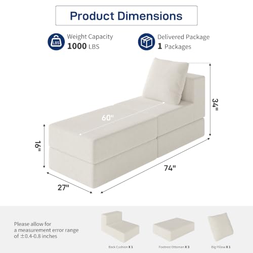 Image of Living&Giving Cloud Sectional Couch for Living Room, Modular Boneless Couch with 1 Ottoman, Middle-seat Can Be Combined with Modular Sofa, Customizable Layout for Any Space, Beige