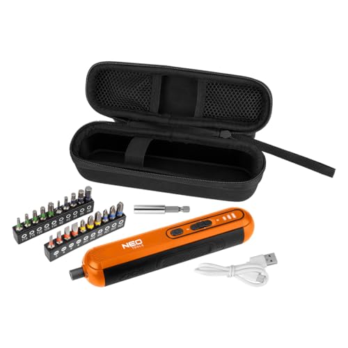 NEO TOOLS Visseuse sans fil (4 V, 20 embouts, boîte de rangement) Outil multifonction – Visseuse sans fil avec LED, indicateur de niveau de charge et blocage de broche