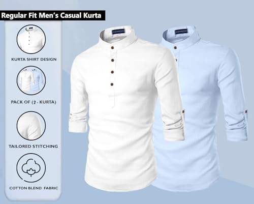 Image of Zombom Men's Combo Cotton Polyester Blend Solid Full Sleeve Straight Regular Fit Mandarin /Chinese Collor Kurta (Pack of 2)