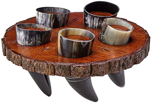 Viking Culture Viking Horn Drinking Cup Shot Glasses with Vintage Axe Bottle Opener, Coasters, and Rustic Wood Display Stand, Toasting Vessels for Party, Event, Bachelors