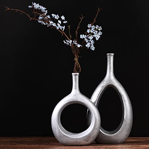 Silver Vase Set Of 2 Silver Decor,Nordic Home Decor,Silver Vases For Decor,Modern Hollow Oval Ceramic Vases For Home Decor Vases Centerpieces,Mantel Minimalist Decor #TOP5