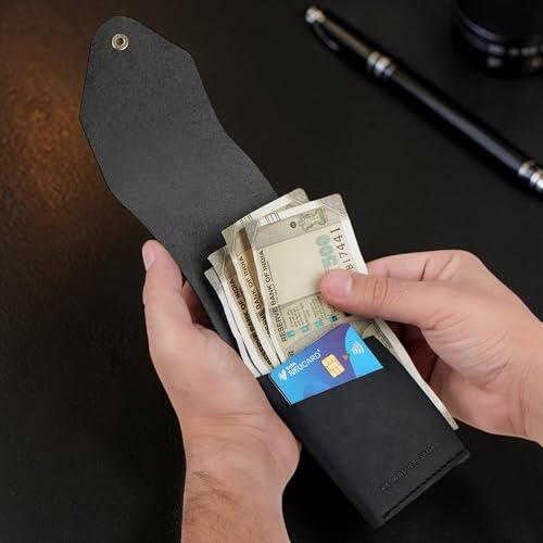 Image of The Wallet Store Flip 2.0 Genuine Leather Vertical Slim Wallet for Men | Easy Quick Card Access | Compact Front Cash Pocket & Button Lock | Minimalist Travel & Daily Carry Wallet (Black)