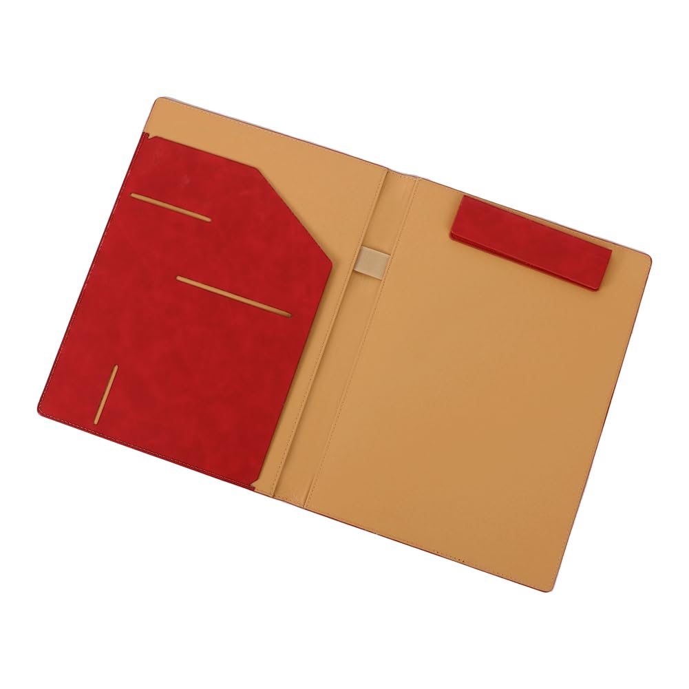 A4 Conference Folder Faux Leather Clipboard Folder with Storage Cover Writing Pad Folding Document Organizer Magnetic Closure for Interview Meeting (Red)