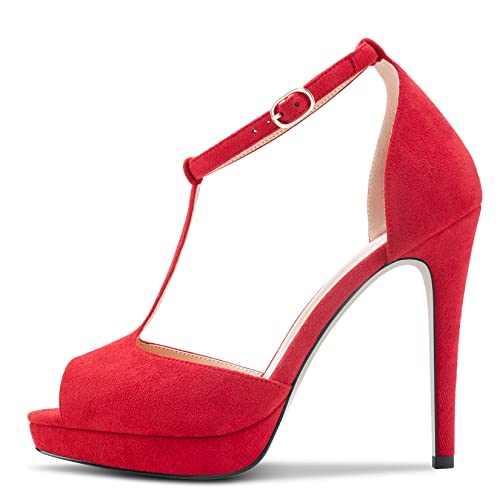 Aachcol Women Sandals T-strap Platform Peep Open Toe Ankle Strap Stiletto High Heel Dress Shoes Pumps Wedding Suede 5 Inch2