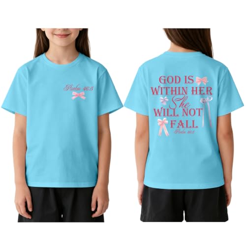 Image of Girls Christian Tees God is Within Her Jesus Shirt for Kids Faith Cute Graphic Bow Tshirt Inspirational Religious Top