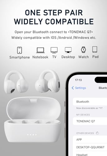 TONEMAC Q7 Open Ear Kopfhörer Bluetooth,EarClip Bluetooth 5.3 Kopfhörer,Kabellos Bluetooth Kopfhörer mit ENC Mikrofon,34H Deep Bass Wireless Earbuds Ohrhörer,zum Radfahren, Fahren, Laufen (Weiß) – Bild 6