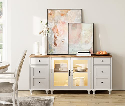 Wampat Buffet Cabinet Sideboard With Storage, Modern Kitchen Accent Cabinet With Glass Doors & Side Table With Charging Station, Wood Credenza Coffee Bar Cabinet For Entryway Living Dining Room, White #TOP6